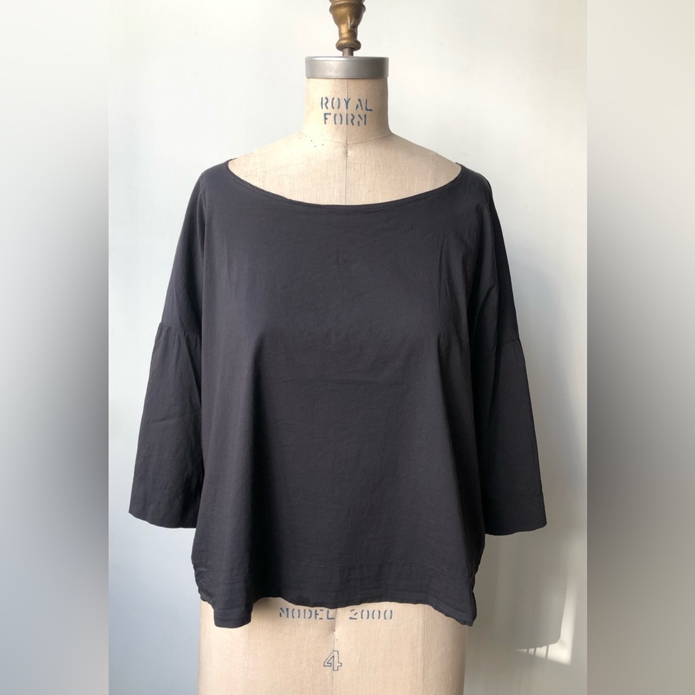 Album Di Famiglia open neck blouse. Relaxed minimalist style faded black. Small